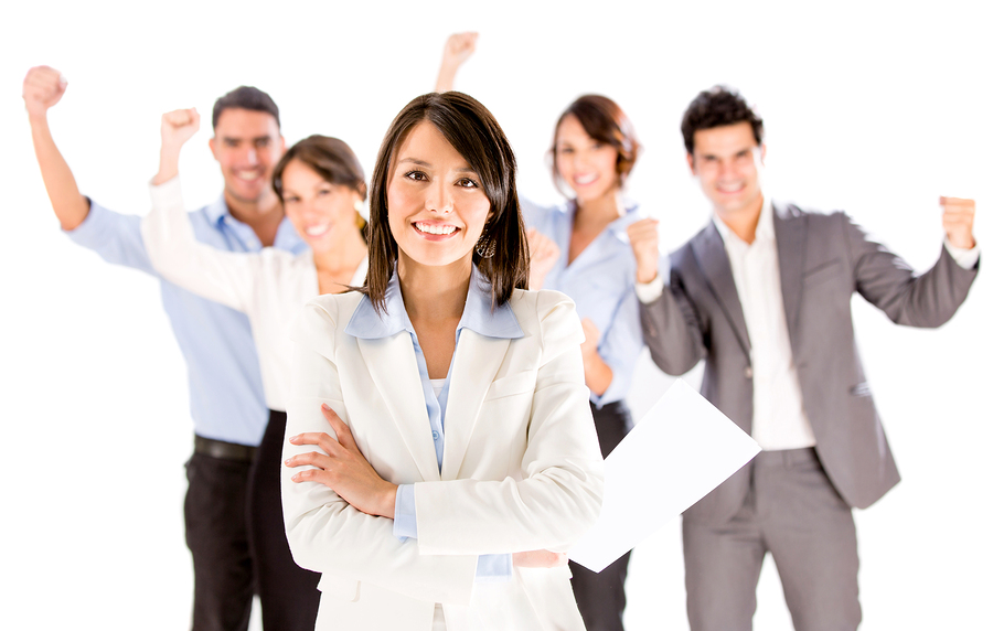 Successful business woman leading a team - isolated over white