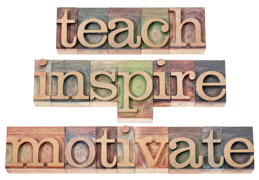 teach, inspire, motivate  - a collage of isolated words in vinta